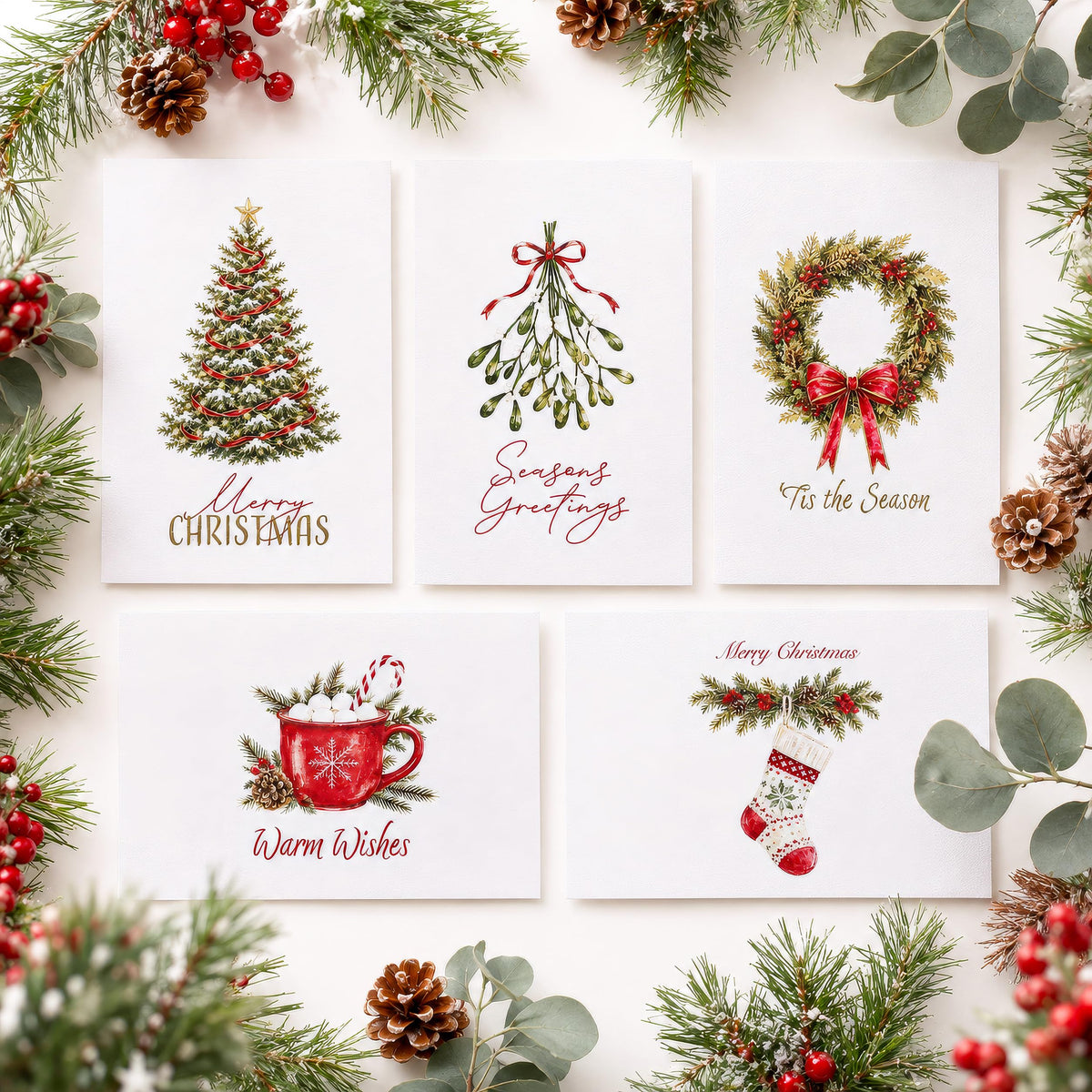 ZICOTO Beautiful Christmas Cards Set of 20 with Watercolor Designs & Envelopes Incl. Bulk Envelopes, Matching Stickers and Storage Box - Perfect to Send Warm Holiday Wishes to Friends and Family