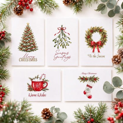 ZICOTO Beautiful Christmas Cards Set of 20 with Watercolor Designs & Envelopes Incl. Bulk Envelopes, Matching Stickers and Storage Box - Perfect to Send Warm Holiday Wishes to Friends and Family