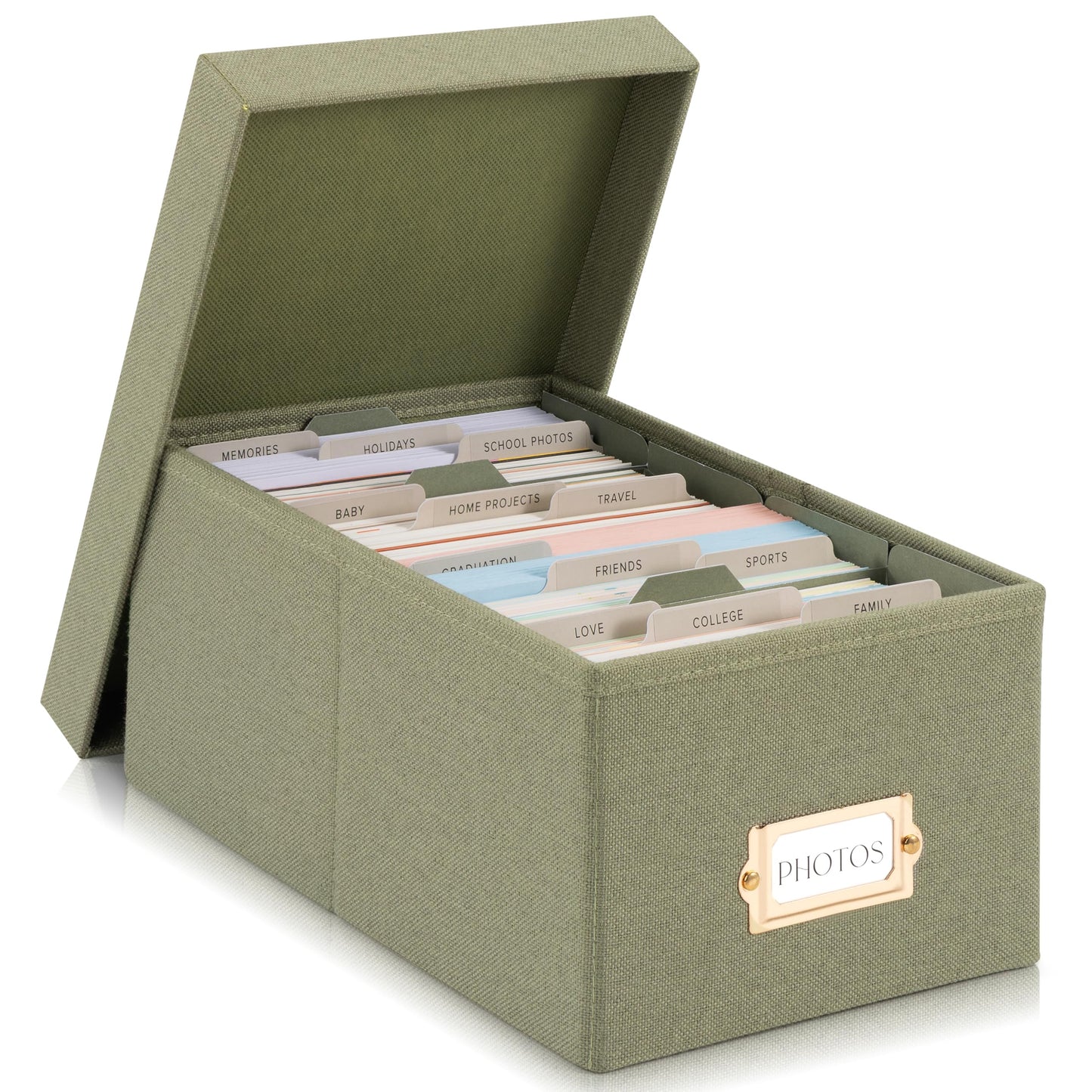 Decorative Photo Storage Box - Sturdy Linen Photo Organizer with Dividers - Stores Up to 850 4x6 Photos - Portable Scrapbook Storage Container with Lid