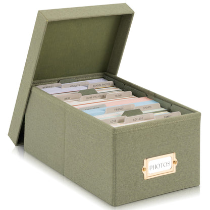 Decorative Photo Storage Box - Sturdy Linen Photo Organizer with Dividers - Stores Up to 850 4x6 Photos - Portable Scrapbook Storage Container with Lid