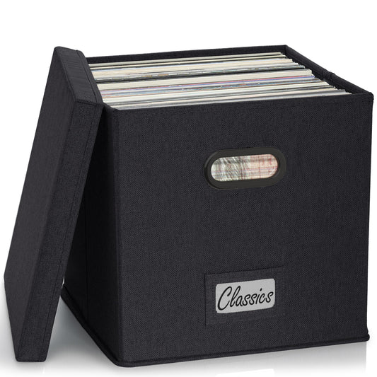 ZICOTO Decorative Vinyl Record Storage Box for 50+ Single Records - Sturdy and Easy to Carry LP Holder with Lid - The Perfect Storage Crate for Your Valuable Album Collection