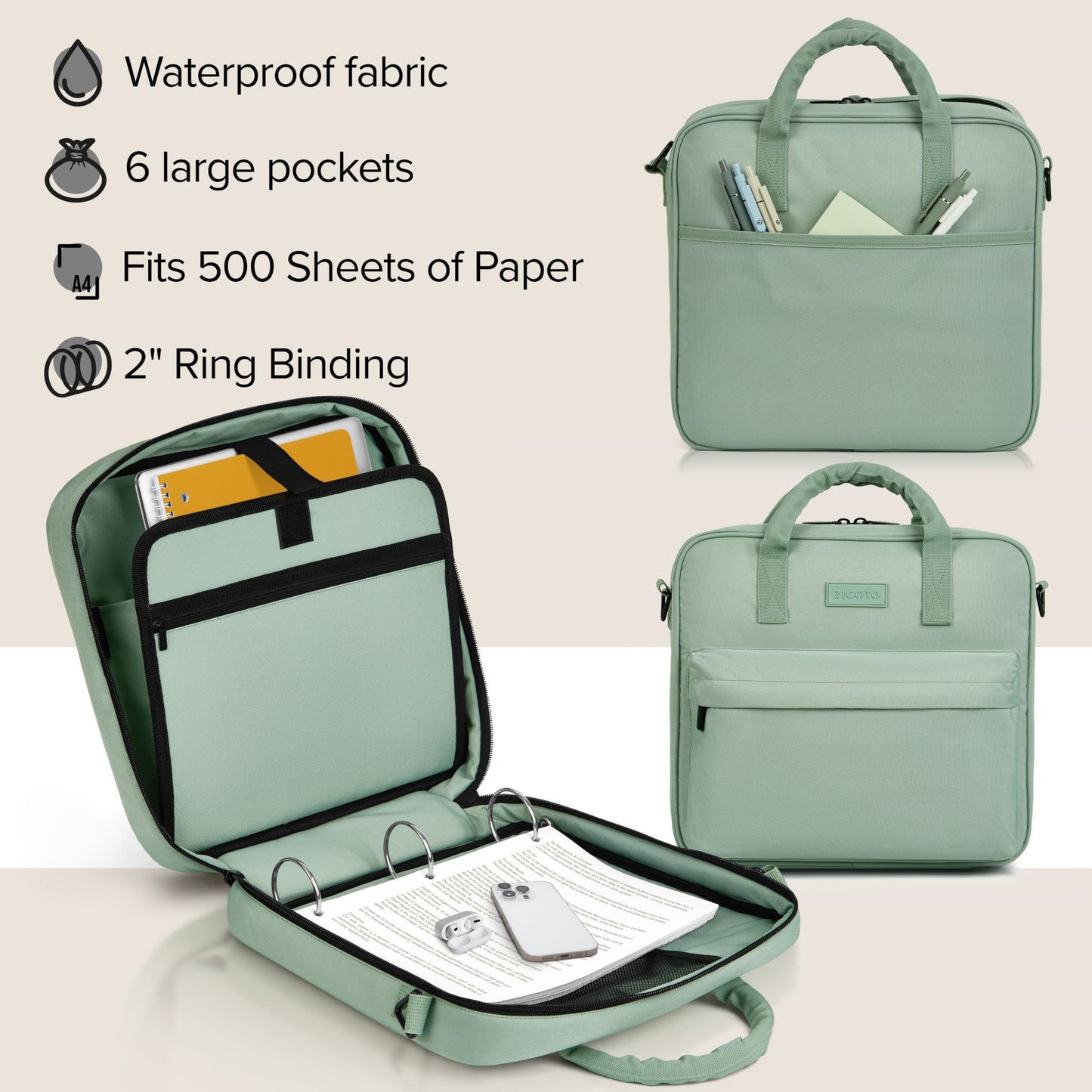 Sturdy 3 Ring Zipper Binder with Shoulder Strap for School - Beautiful 2 Inch Zip Up Binder with Extra Pockets Holds 500 Sheets, Books & Laptop - Easy to Carry and Made of Durable Premium Fabrics