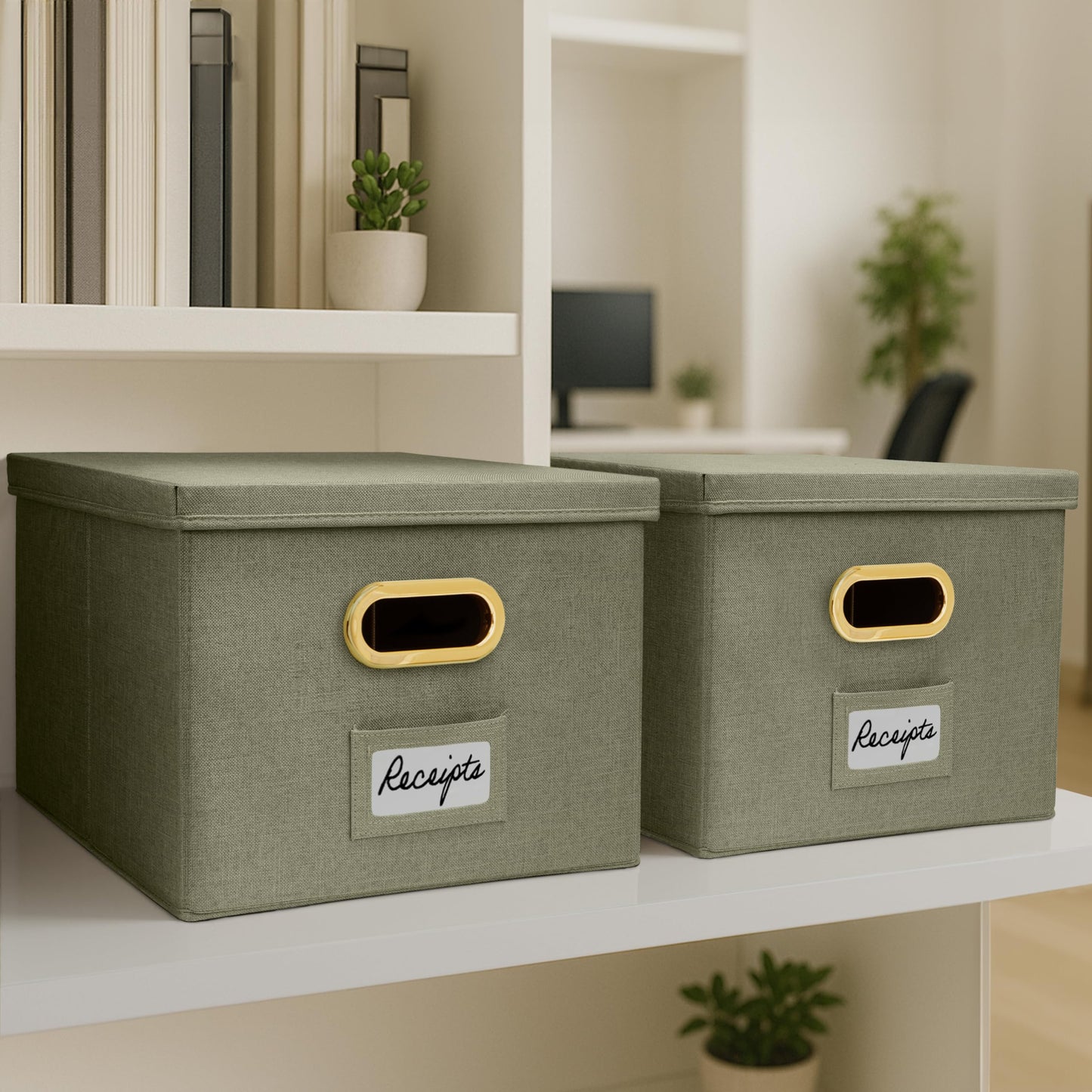 ZICOTO Decorative File Organizer Box Set of 2 - Collapsible Linen Filing Cabinets w/Handles Are Perfect to Store all Your Documents & Hanging File Folders - Portable Easy Slide Crates with Lid