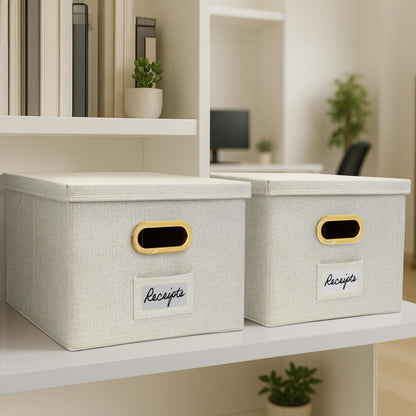 ZICOTO Decorative File Organizer Box Set of 2 - Collapsible Linen Filing Cabinets w/Handles Are Perfect to Store all Your Documents & Hanging File Folders - Portable Easy Slide Crates with Lid