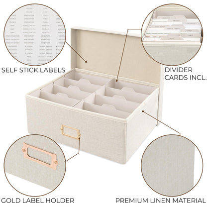 Decorative Photo Storage Box - Sturdy Linen Photo Organizer with Dividers - Stores Up to 850 4x6 Photos - Portable Scrapbook Storage Container with Lid