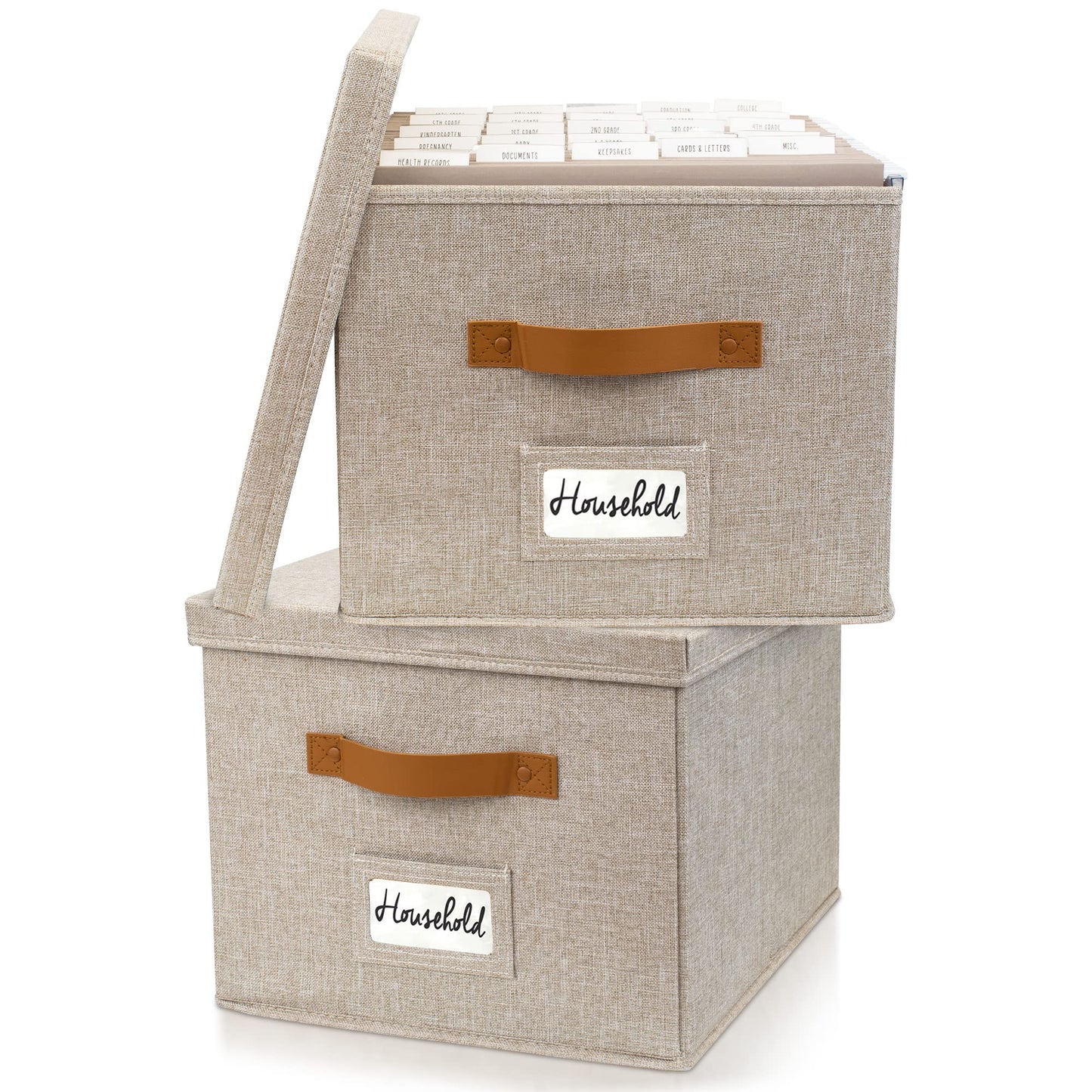 ZICOTO Decorative File Organizer Box Set of 2 - Collapsible Linen Filing Cabinets w/Handles Are Perfect to Store all Your Documents & Hanging File Folders - Portable Easy Slide Crates with Lid