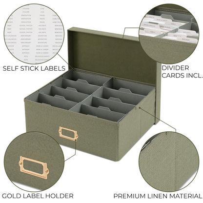 Decorative Photo Storage Box - Sturdy Linen Photo Organizer with Dividers - Stores Up to 850 4x6 Photos - Portable Scrapbook Storage Container with Lid