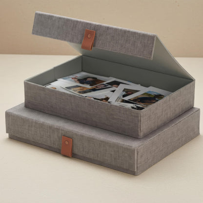 Decorative Photo Storage Boxes with Lids - Set of 2 Beautiful Linen Organizers Are Perfect to Safely Store Your Pictures, Documents, Scrapbooking Supplies, Keepsakes and Other Memories in Style