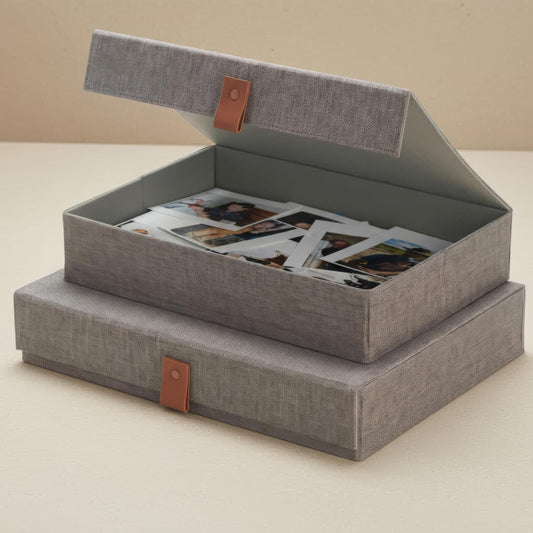 Decorative Photo Storage Boxes with Lids - Set of 2 Beautiful Linen Organizers Are Perfect to Safely Store Your Pictures, Documents, Scrapbooking Supplies, Keepsakes and Other Memories in Style