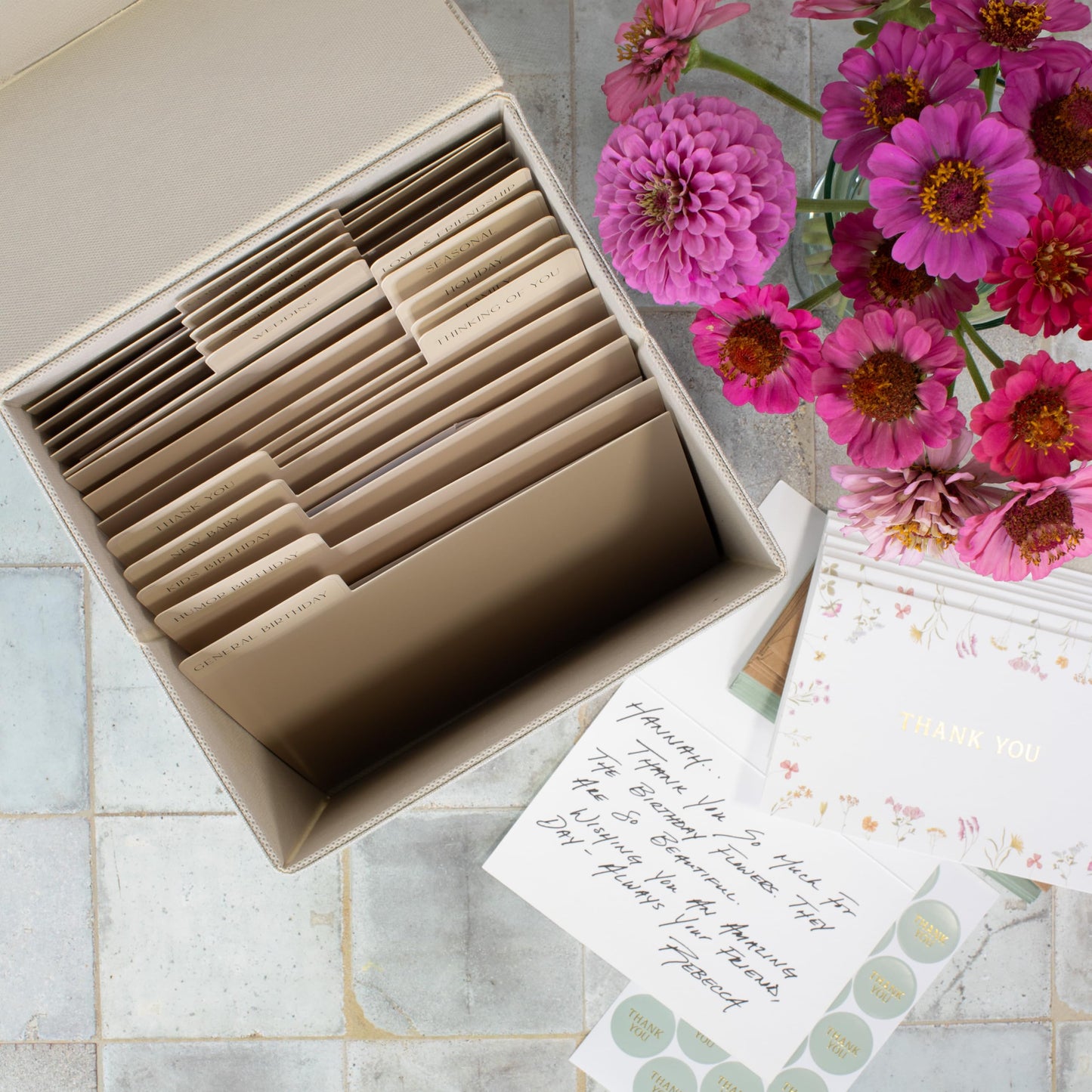 ZICOTO Beautiful Greeting Card Organizer Box With Dividers - Sturdy Linen Storage Box Easily Organizes All Your Greeting Cards in Style - Cute Card Holder Safely Stores Up to 300 Small Or Large Cards