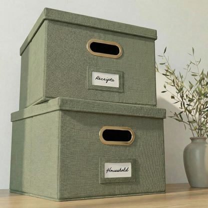 ZICOTO Decorative File Box Organizer Set of 2 - Collapsible Linen File Cabinet for Easy Folder Storage - Store All Your Documents and Folders in Style