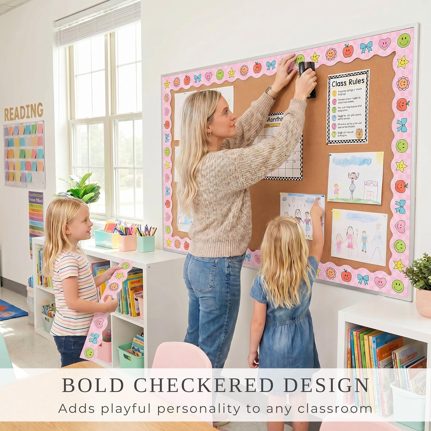 Beautiful Scalloped Bulletin Board Borders for Classroom Decor - 60 Smiley Face Strips for Up to 3 Boards 4x6 ft, Durable Decoration and Teacher Must Haves for a Warm Welcoming Classroom