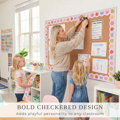 Beautiful Scalloped Bulletin Board Borders for Classroom Decor - 60 Smiley Face Strips for Up to 3 Boards 4x6 ft, Durable Decoration and Teacher Must Haves for a Warm Welcoming Classroom