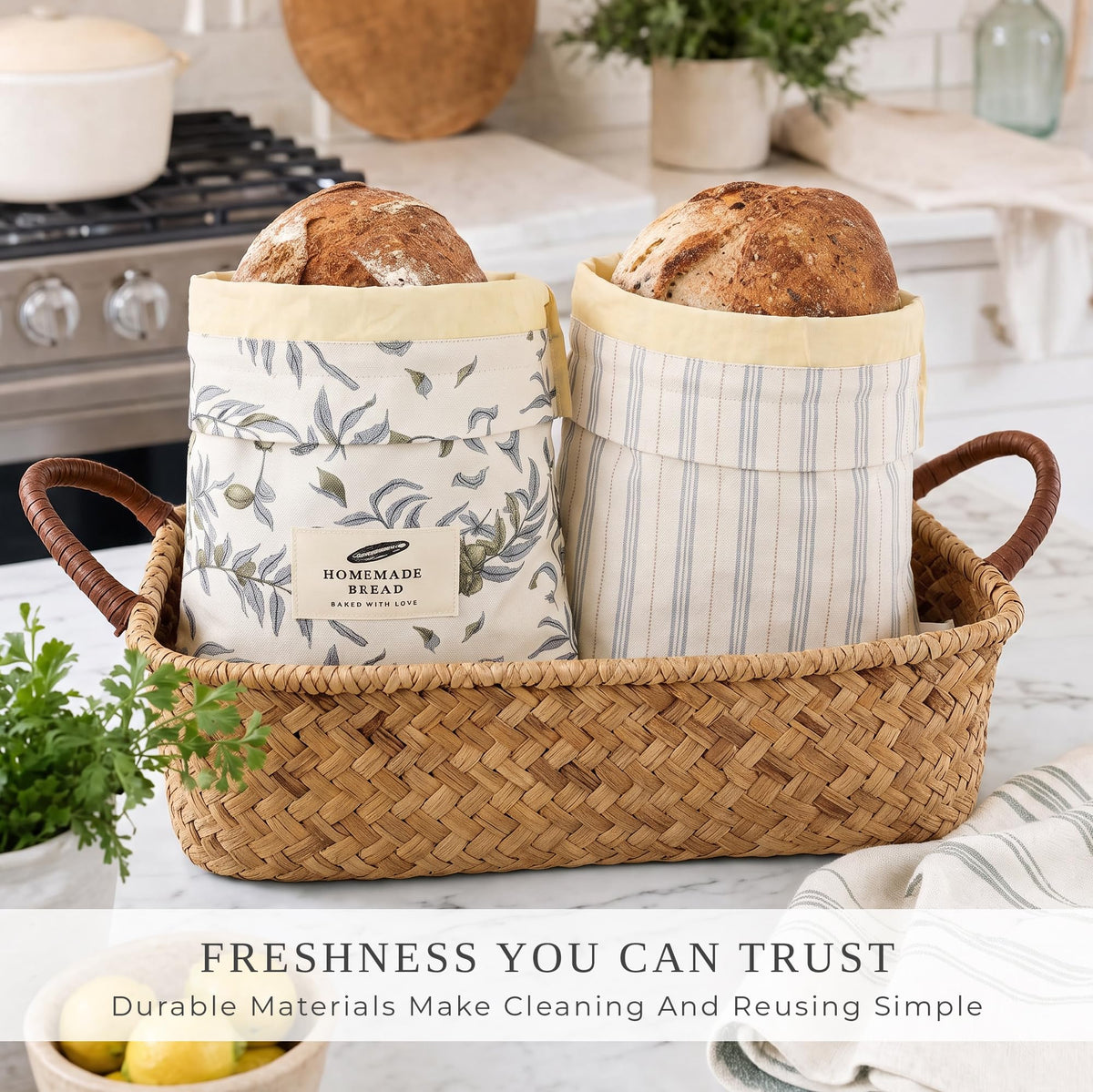 ZICOTO Charming Bread Bags for Homemade Bread - Set of 2 Beeswax-Lined Reusable Linen Bags That Keep Your Sourdough Fresh Naturally - A Thoughtful Bread Storage Gift for Bread Making Lovers