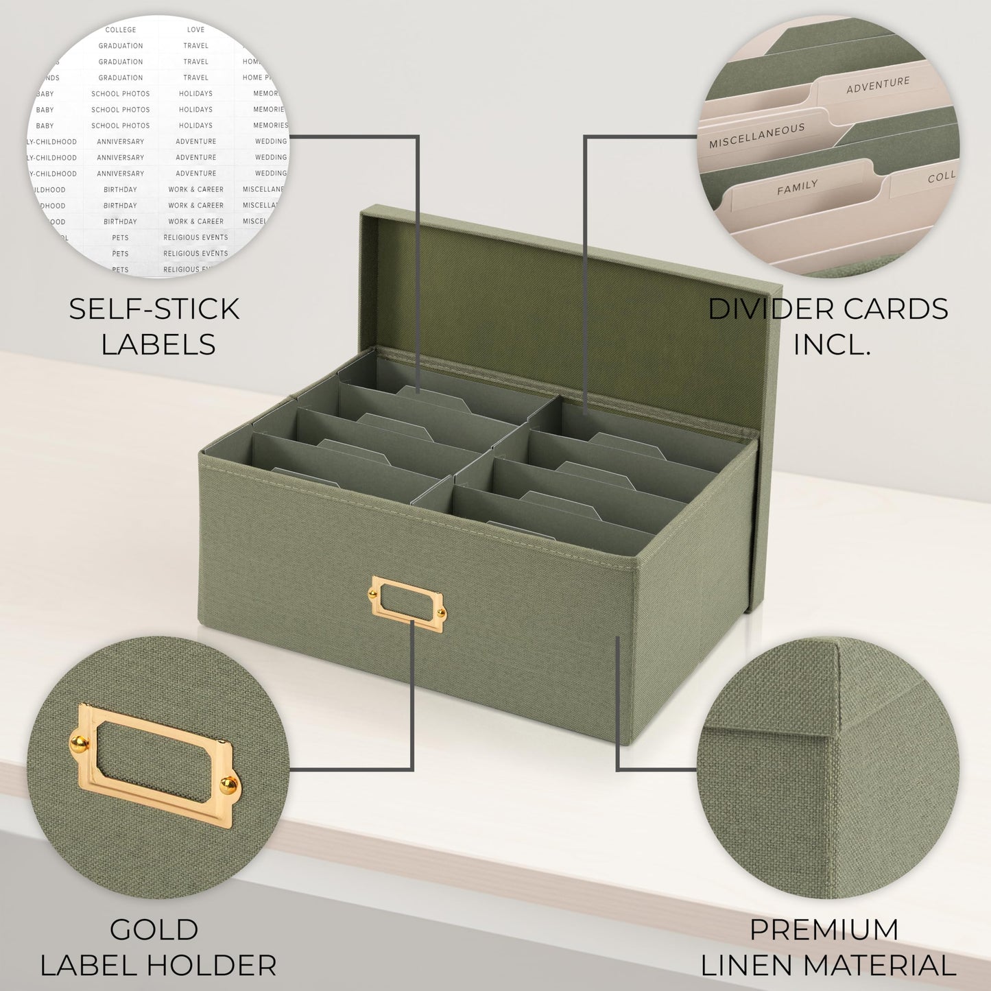 Decorative Photo Storage Box - Sturdy Linen Photo Organizer with Dividers - Stores Up to 850 4x6 Photos - Portable Scrapbook Storage Container with Lid