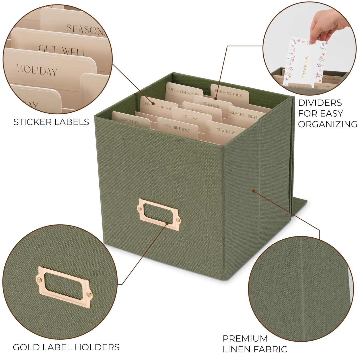 ZICOTO Beautiful Greeting Card Organizer Box With Dividers - Sturdy Linen Storage Box Easily Organizes All Your Greeting Cards in Style - Cute Card Holder Safely Stores Up to 300 Small Or Large Cards