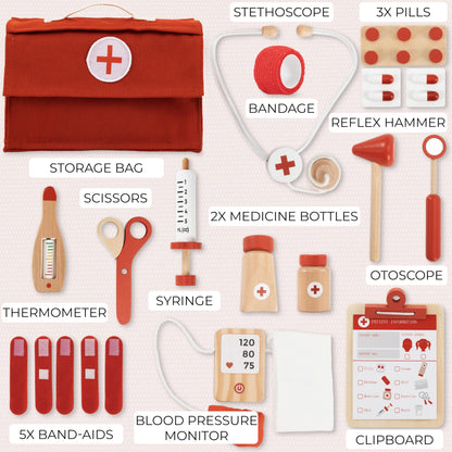 Wooden Doctor Play Set for Toddlers - A Complete Durable Pretend Play Medical Kit for Kids 3-5 with Realistic, Non-Toxic Tools & Carrying Case (Red)
