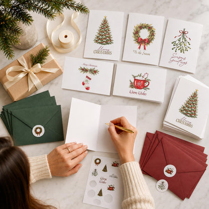 ZICOTO Beautiful Christmas Cards Set of 20 with Watercolor Designs & Envelopes Incl. Bulk Envelopes, Matching Stickers and Storage Box - Perfect to Send Warm Holiday Wishes to Friends and Family