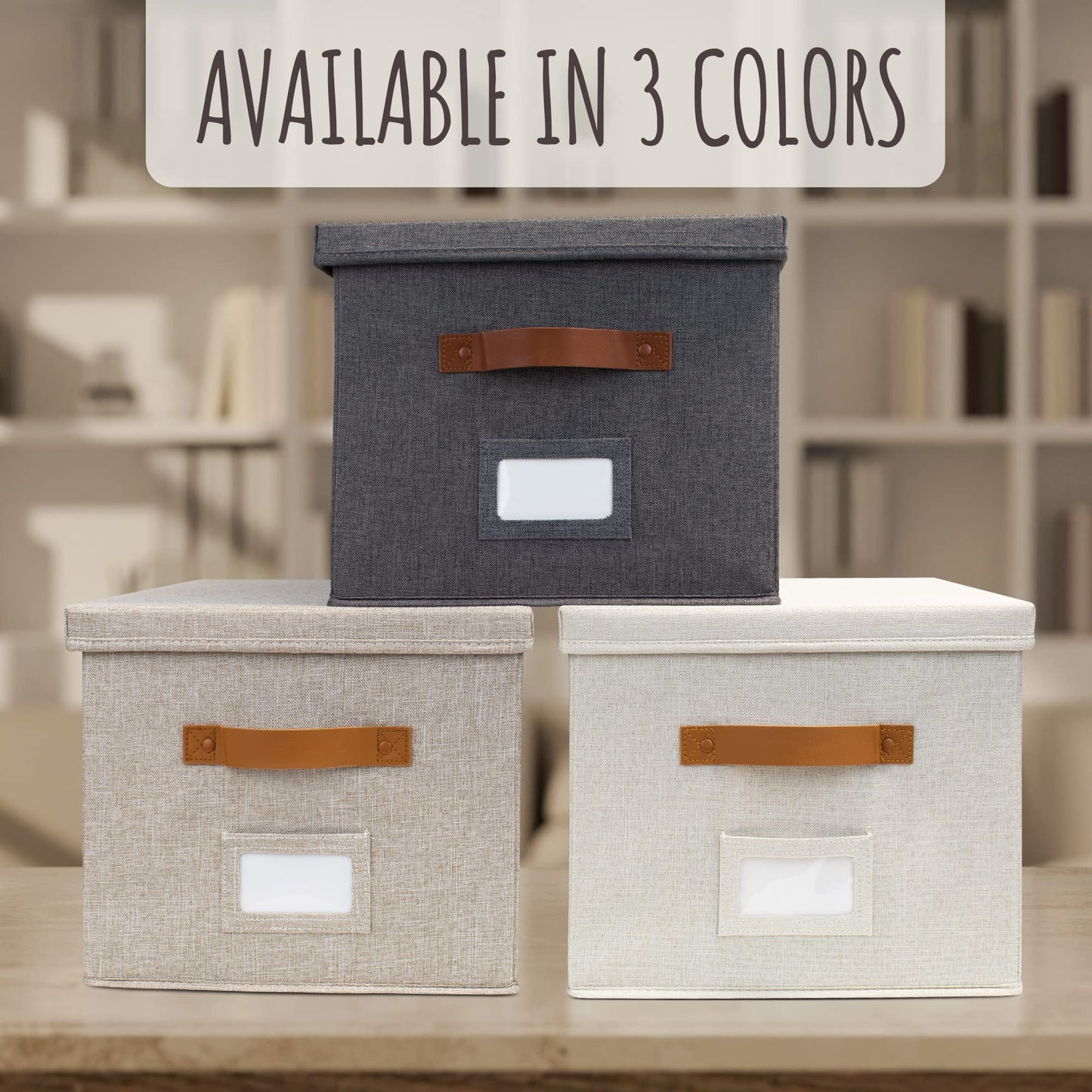 ZICOTO Decorative File Organizer Box Set of 2 - Collapsible Linen Filing Cabinets w/Handles Are Perfect to Store all Your Documents & Hanging File Folders - Portable Easy Slide Crates with Lid