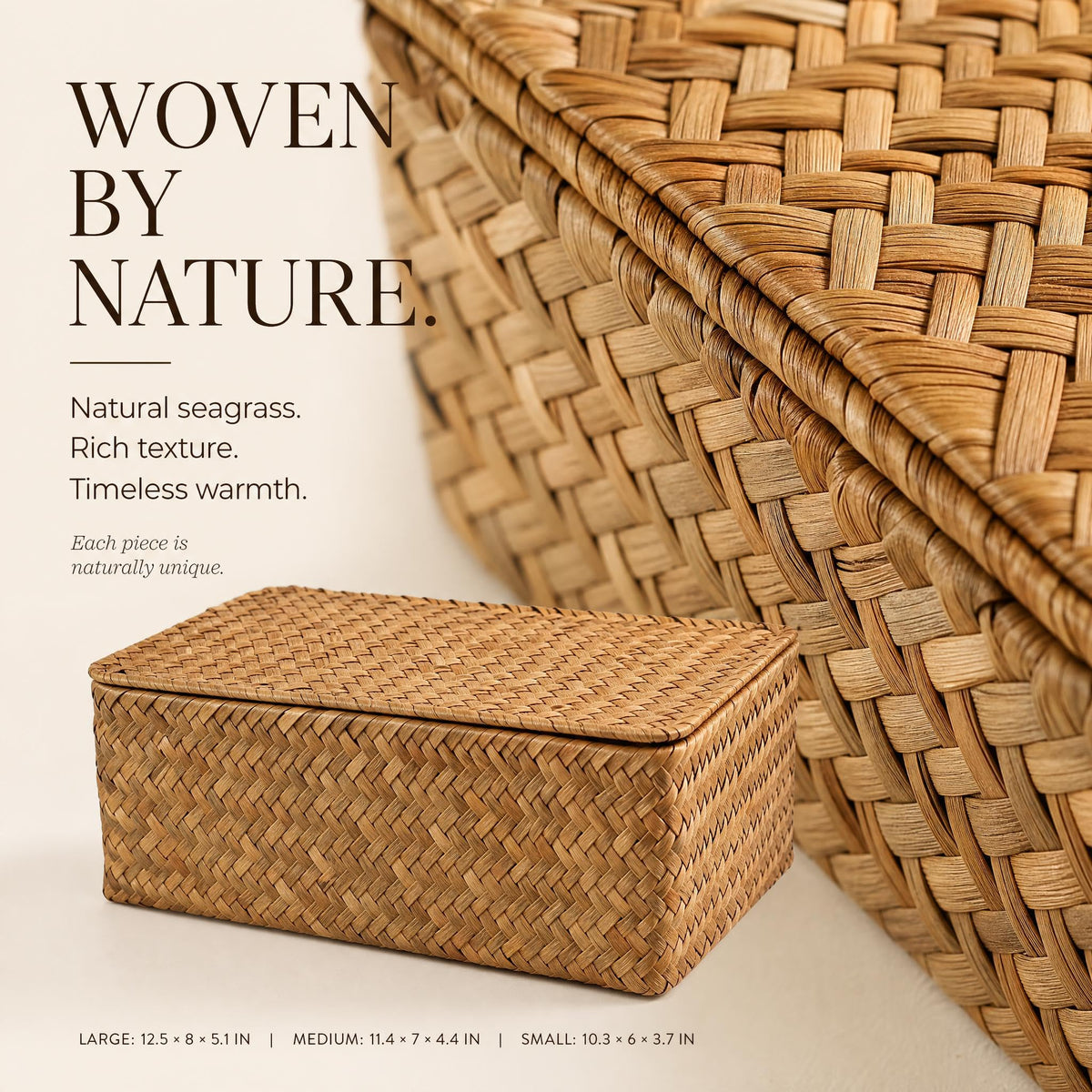 Decorative Wicker Storage Boxes with Lids - Set of 3 Seagrass Organizers
