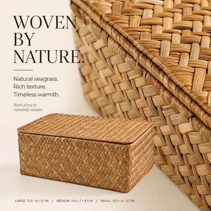 Decorative Wicker Storage Boxes with Lids - Set of 3 Seagrass Organizers