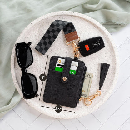Stylish Wristlet Wallet for Women - Slim Design Credit Card Holder w/ Plenty of Storage incl. Clear ID Window & Zipper Pocket - Easy Carry RFID Blocking Keychain Wallet w/ Tassel, Lanyard & Gold Rings