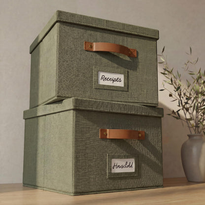 ZICOTO Decorative Ivory File Box Organizer Set of 2 - Collapsible Linen File Cabinet for Easy Folder Storage - Store All Your Documents and Folders in Style