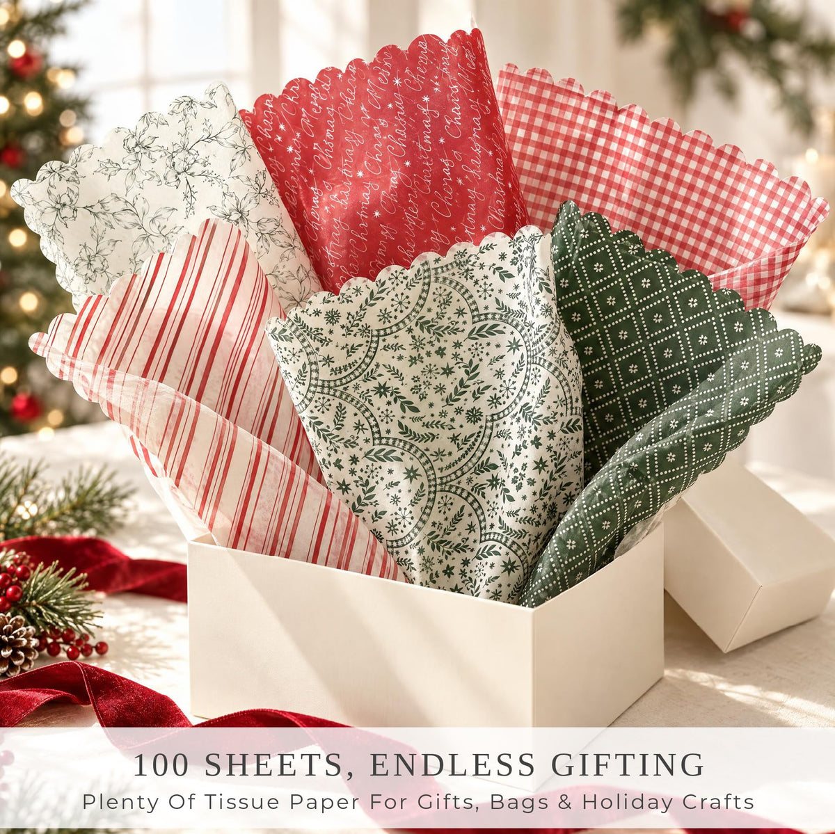 Beautiful Christmas Tissue Wrapping Paper Sheets for Gift Bags - Set of 100
