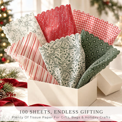 Beautiful Christmas Tissue Wrapping Paper Sheets for Gift Bags - Set of 100