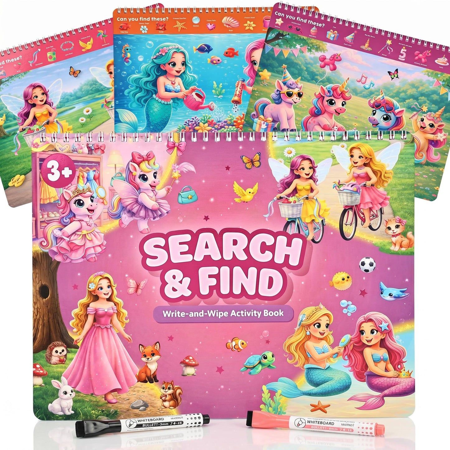 Fun Search and Find Books for Kids 3-5 - Cute Road Trip Game w Magical Scenes for Girls 4-8 w Princess, Unicorn & Mermaid - Essential Travel Activity w Markers for Hours of Fun on Car Rides & Planes