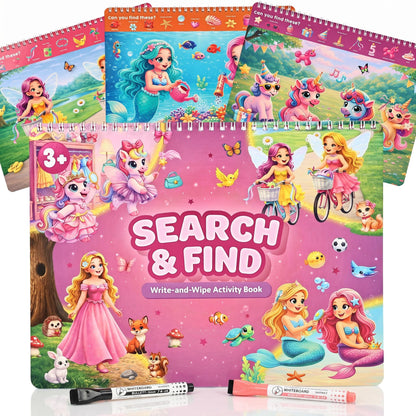 Fun Search and Find Books for Kids 3-5 - Cute Road Trip Game w Magical Scenes for Girls 4-8 w Princess, Unicorn & Mermaid - Essential Travel Activity w Markers for Hours of Fun on Car Rides & Planes