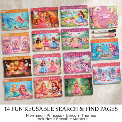 Fun Search and Find Books for Kids 3-5 - Cute Road Trip Game w Magical Scenes for Girls 4-8 w Princess, Unicorn & Mermaid - Essential Travel Activity w Markers for Hours of Fun on Car Rides & Planes