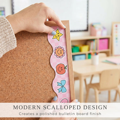 Beautiful Scalloped Bulletin Board Borders for Classroom Decor - 60 Smiley Face Strips for Up to 3 Boards 4x6 ft, Durable Decoration and Teacher Must Haves for a Warm Welcoming Classroom
