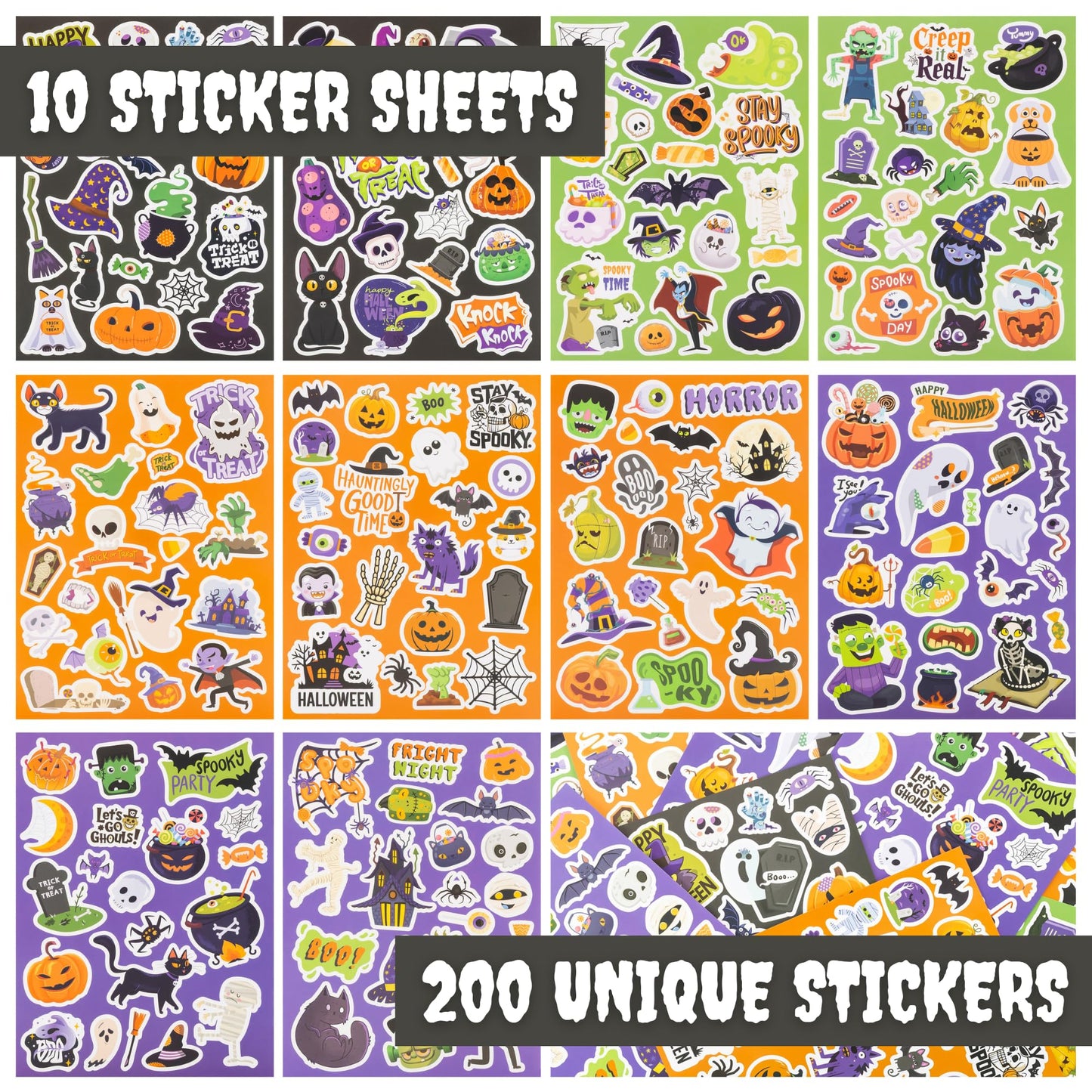 Fun Halloween Stickers for Kids - Large Set of 200 Spooky Stickers for Halloween Party Favors, Classroom Decor, Gifts, Treats, Crafts and Toys - Fun Bulk Stickers for Trick-or-Treat Bags and Baskets