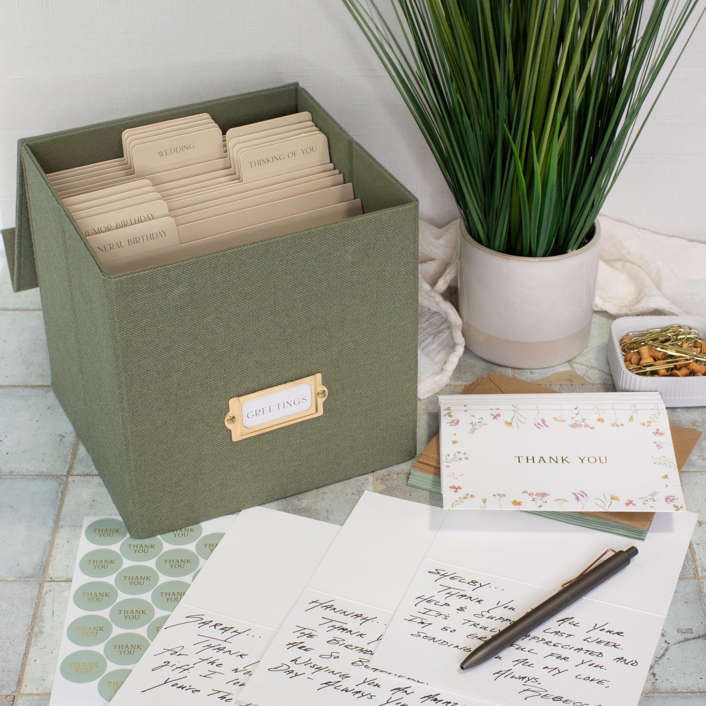 ZICOTO Beautiful Greeting Card Organizer Box With Dividers - Sturdy Linen Storage Box Easily Organizes All Your Greeting Cards in Style - Cute Card Holder Safely Stores Up to 300 Small Or Large Cards