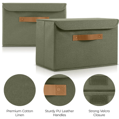 ZICOTO Beautiful Storage Bin with Lid – Foldable Cotton-Linen Fabric Box with PU Leather Handles, Decorative Closet Organizer Cube Reinforced with PP Board