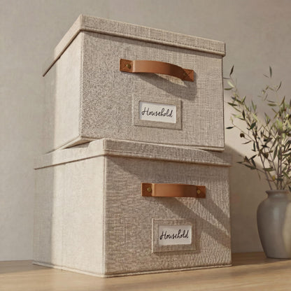 ZICOTO Decorative Ivory File Box Organizer Set of 2 - Collapsible Linen File Cabinet for Easy Folder Storage - Store All Your Documents and Folders in Style