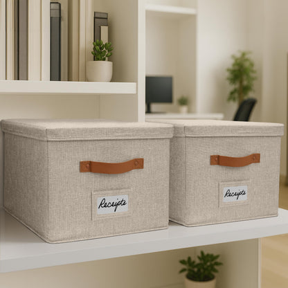 ZICOTO Decorative File Organizer Box Set of 2 - Collapsible Linen Filing Cabinets w/Handles Are Perfect to Store all Your Documents & Hanging File Folders - Portable Easy Slide Crates with Lid