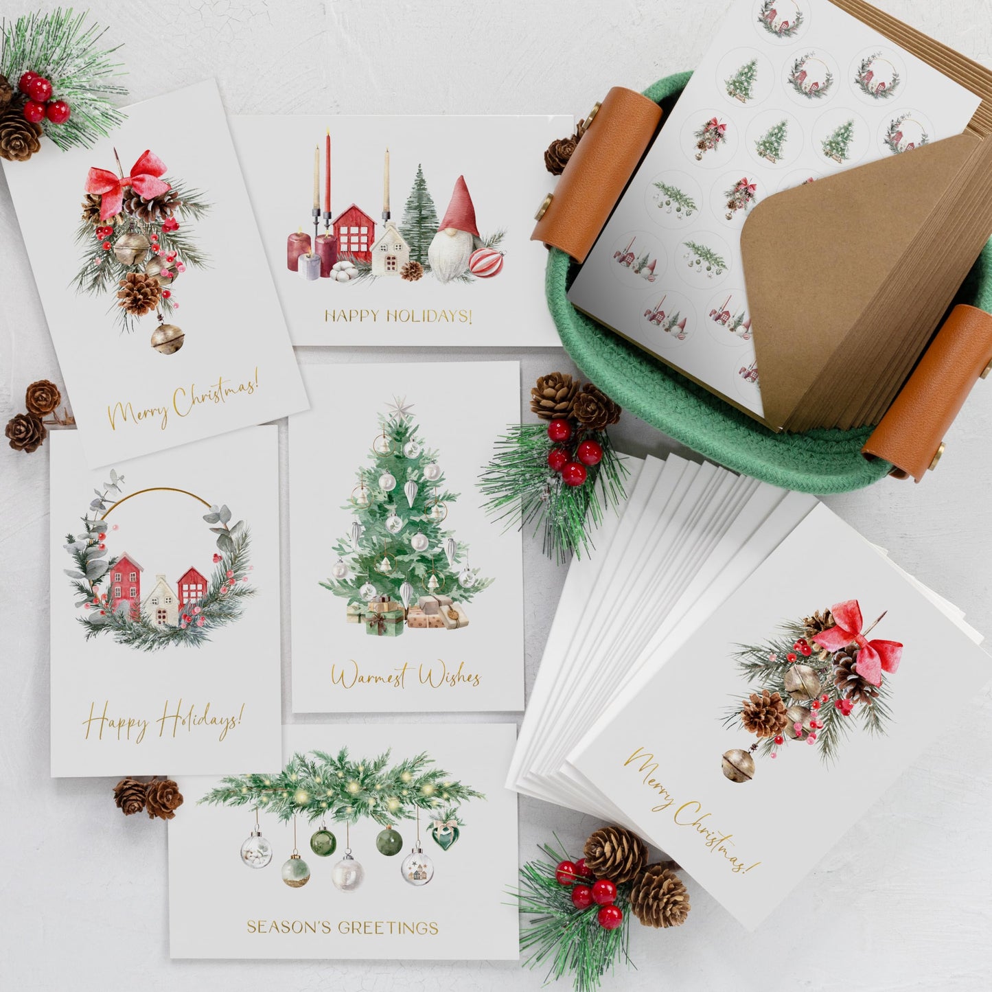 ZICOTO Beautiful Christmas Cards Set of 20 with Watercolor Designs - Incl. Bulk Envelopes, Matching Stickers And Storage Box - Perfect to Send Warm Holiday Wishes to Friends and Family