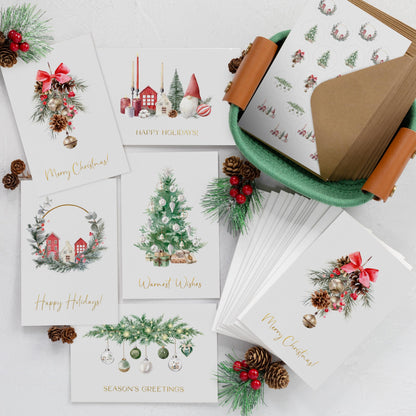ZICOTO Beautiful Christmas Cards Set of 20 with Watercolor Designs - Incl. Bulk Envelopes, Matching Stickers And Storage Box - Perfect to Send Warm Holiday Wishes to Friends and Family