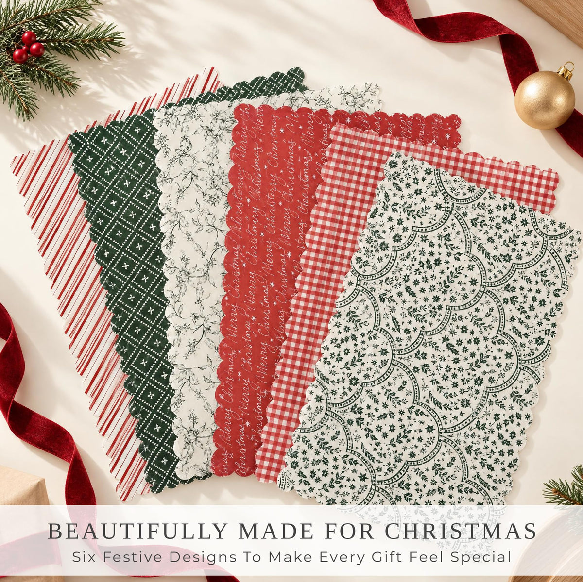 Beautiful Christmas Tissue Wrapping Paper Sheets for Gift Bags - Set of 100
