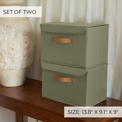 ZICOTO Beautiful Storage Bin with Lid – Foldable Cotton-Linen Fabric Box with PU Leather Handles, Decorative Closet Organizer Cube Reinforced with PP Board
