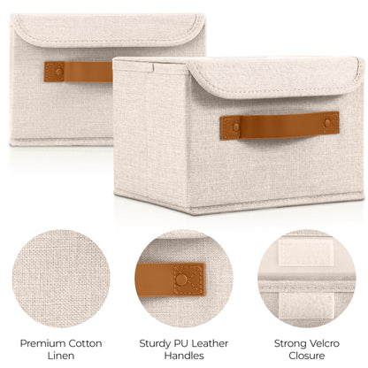 ZICOTO Beautiful Storage Bin with Lid – Foldable Cotton-Linen Fabric Box with PU Leather Handles, Decorative Closet Organizer Cube Reinforced with PP Board