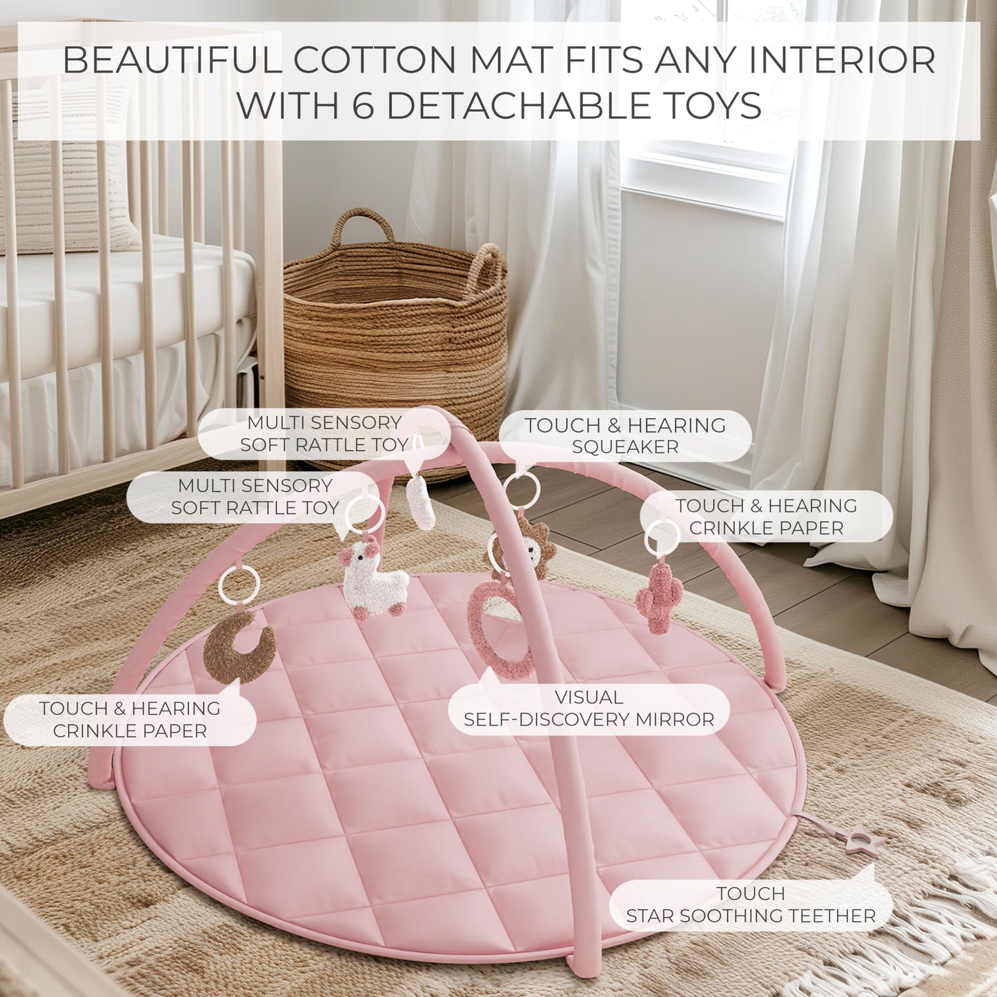 Beautiful Baby Play Gym and Tummy Time Mat - Soft Cotton Mat with 6 Cute Toys Creates The Perfect Activity Area for Your Girl/Boy - Stylish Infant Floor Playmat Fits Nicely with Any Playroom Decor