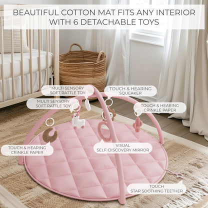 Beautiful Baby Play Gym - Soft Cotton Mat with 6 Cute Toys Creates The Perfect Activity Area for Your Girl/Boy - Stylish Infant Floor Playmat Fits Nicely with Any Playroom Decor