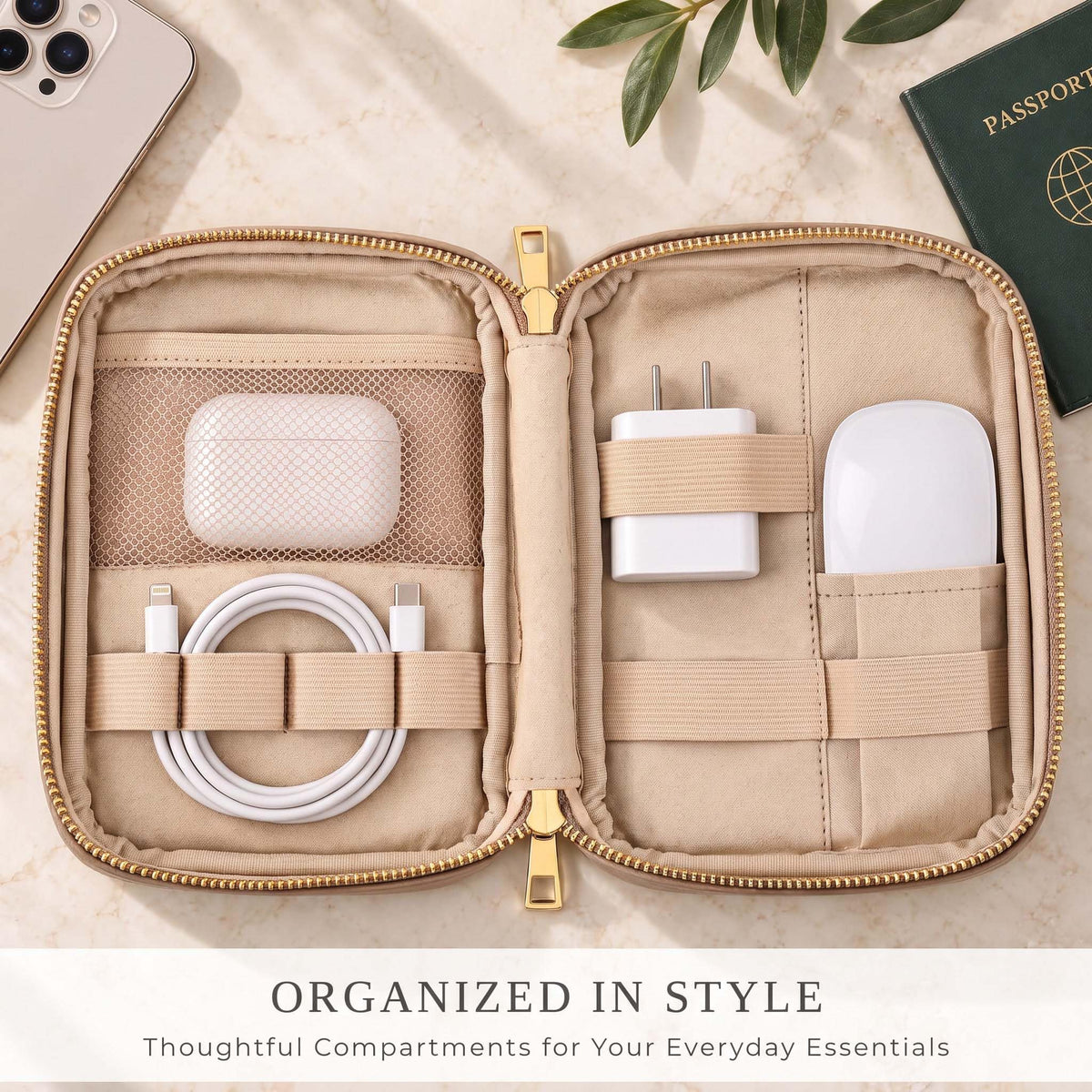Stylish Tech Organizer Pouch - PU Leather Electronics Travel Bag for Women