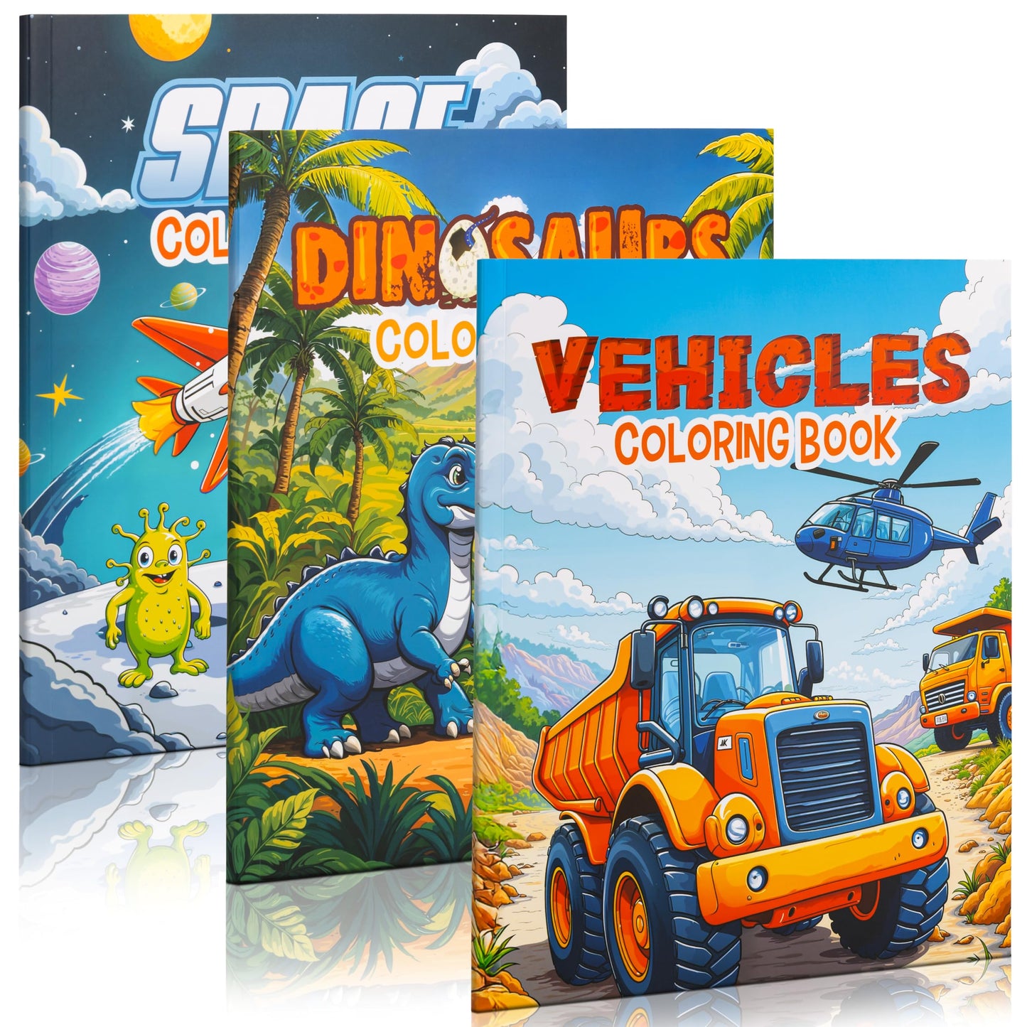Fun Coloring Books for Kids Set of 3 - Exciting Dinosaur, Space & Trucks Coloring Book for Boys Ages 4-8 - Easy to Color Gift for Your Creative Little One