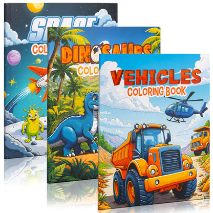Fun Coloring Books for Kids Set of 3 - Exciting Dinosaur, Space & Trucks Coloring Book for Boys Ages 4-8 - Easy to Color Gift for Your Creative Little One