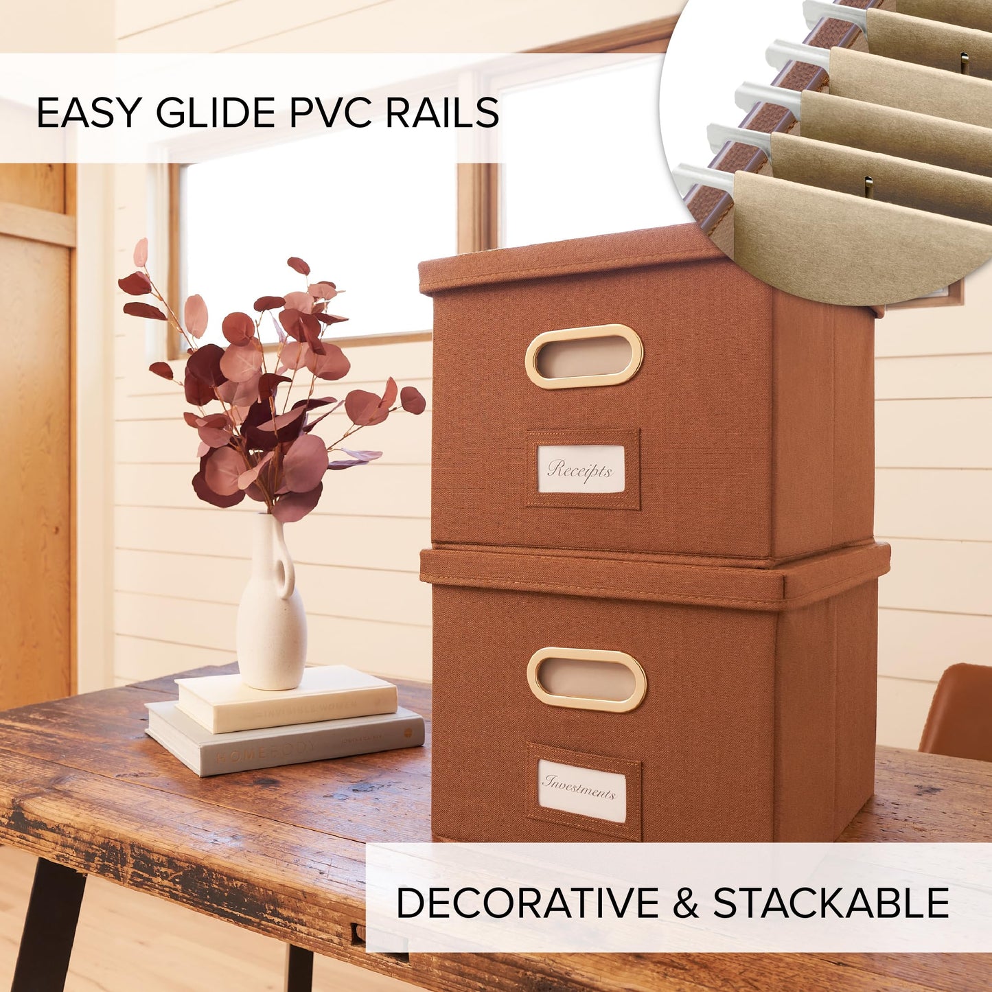 ZICOTO Decorative File Organizer Box Set of 2 - Collapsible Linen Filing Cabinets w/Handles Are Perfect to Store all Your Documents & Hanging File Folders - Portable Easy Slide Crates with Lid