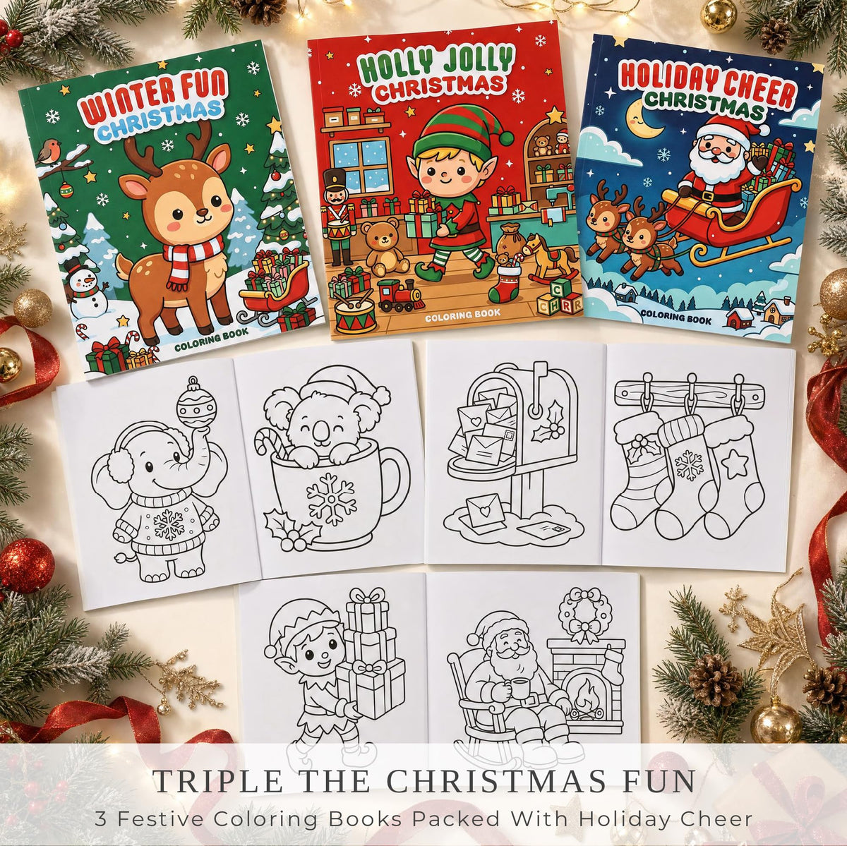 Fun Christmas Coloring Books for Kids Set of 3 - Beautiful Holiday Themes
